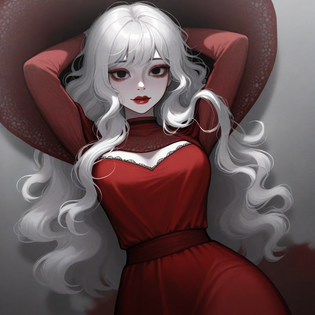 oc, Homicipher, female, semi realism, white sking, red lips, white long wavy hair, dark eyes, red dress, horror, red embrella on the ground