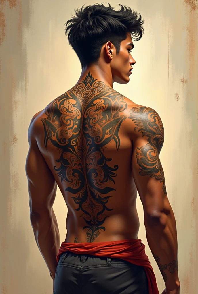 Indian man, fit, 28 years old, short and thin beard, shirtless, with a big tattoo with the image of the god Ganesha on his back, from behind, looking back, realistic comic