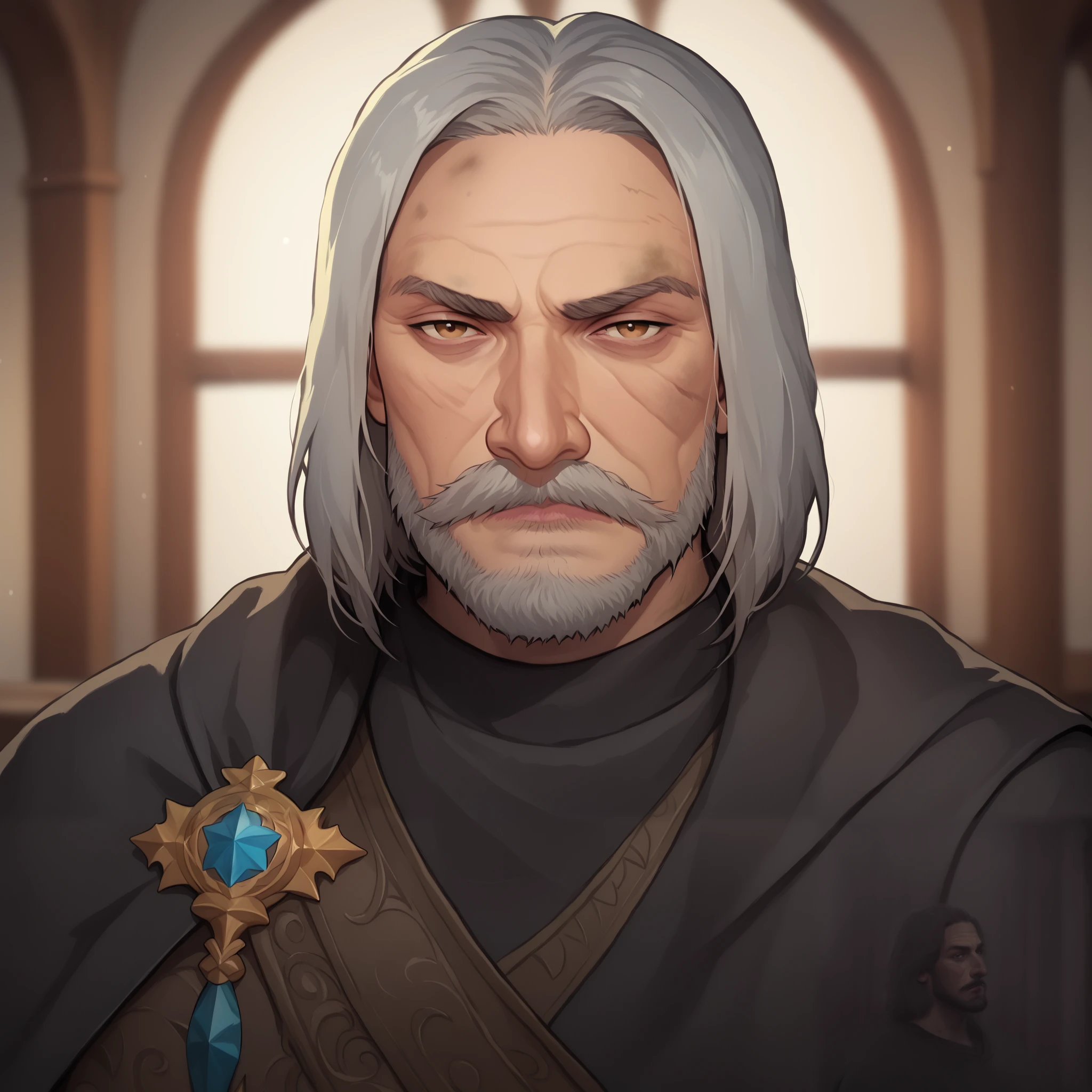 (((beautiful, high quality, comics style, detailed face))), score_9, score_8_up, score_7_up, BREAK, human, old, mature man, 55yo, (large nose, aquiline), wrinkles, european appearance, mustache, beard, medium hair, straight hair, mage, dirty robes, mage robes, black cloak, solo:1.4, portrait, upper body, portrait, looking at the viewer, front view, serious face, tired look, tavern, fantasy, blurred background, (dynamic lighting:1.1) ((masterpiece)), Expressiveh, detailx