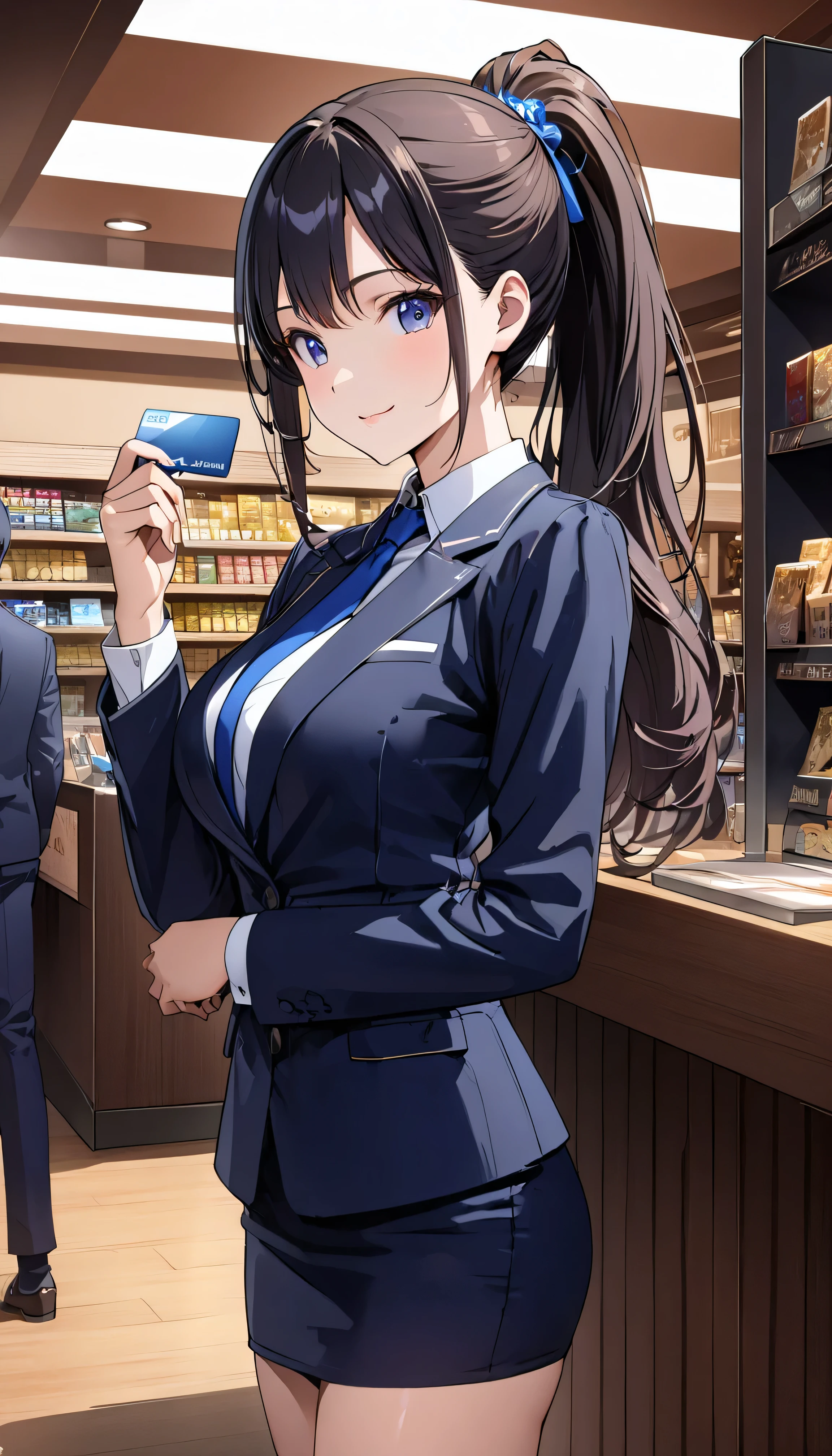   top quality 、 Ultra-high precision 、Detailed view、  vivid colors、Alone、 beautiful girl 、Impressive composition、Age 30、jewelry store、 checkout counter、 ponytail、Hold a credit card in your right hand、 looking at camera、Blue Suit、 blue tie 、 skirt 、Beautiful big boobs 、Beautiful figure、  Hair shine 、 slender figure  、 Accurate Description 、   anime style illustration  、 Alone、 smile with closed mouth、Simple Makeup