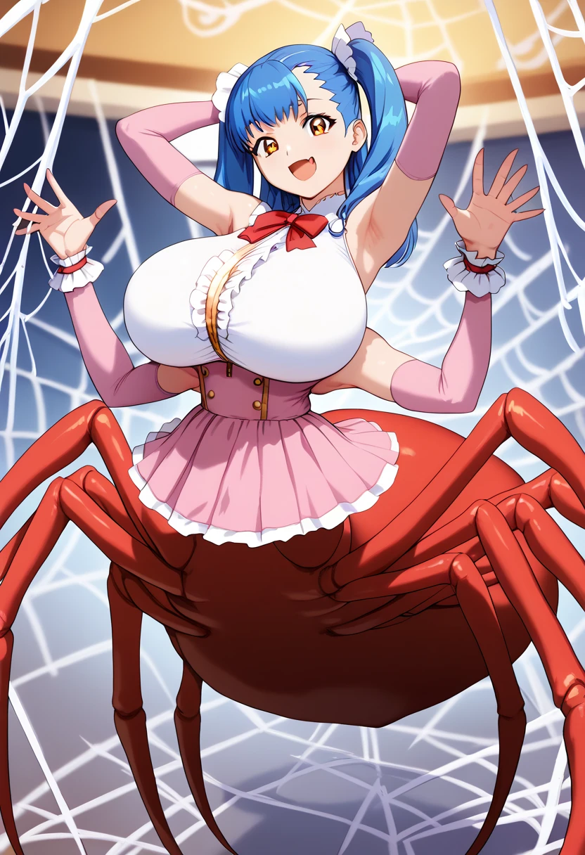 Indoors, (Tuile(gravion),huge breasts,blue hair,yerrow eyes, extra arms, extra 2 arms, armpits,twintail,two side up),(tuck out,white shirt,pink line,white frill,red ribbon,red waist ribbon,gold zipper,gold bottun,pink mini skirt,Pink sleeves,Pink Shoes、white frill wrist),smile,open mouth,fang,cowboy shot, arachne, spider body, 8 spider legs, spider abdomen, Arachne, Taur, Spider Body, spider webs around, spider webs behind her