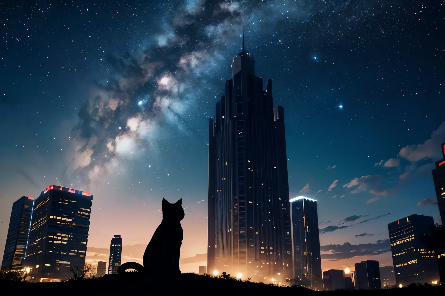 octans, null, star (null), scenery, starry null, knight , One cat, knight null, Alone, Outdoor, building , cloud, Milky Way, is sitting, tree, city, silhouette, cityscape, Daytime