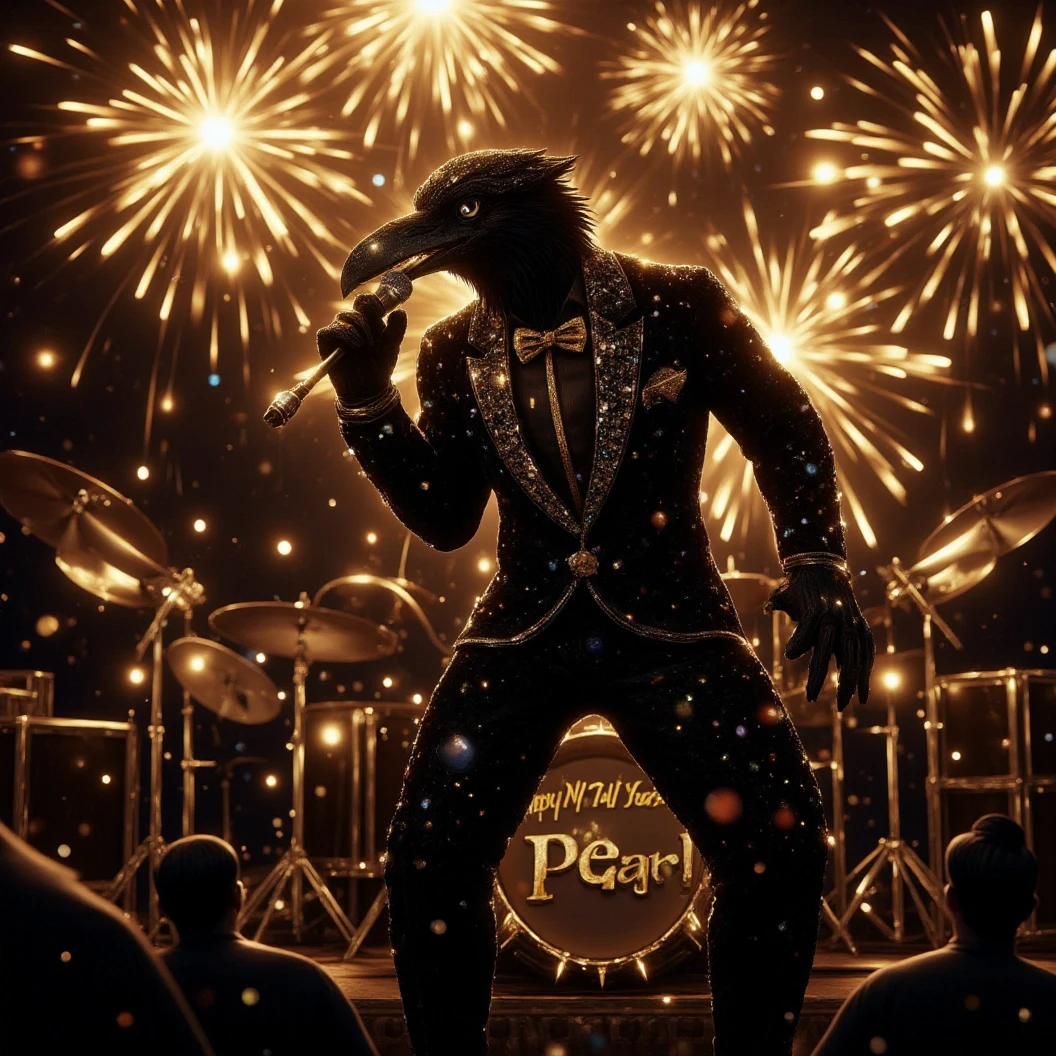 Muscular Anthropomorphic raven donned in a black and gold suit made of diamonds. Lead singer of the band at a high end jazz club, with the emblem of a diamond-made clam that reads "The Pearl". Sings in to the microphone while the band plays. The band, set up on the open air patio stage behind the club. Golden fireworks burst in the air behind the band spelling "Happy New Year MAB". Dynamic jazz band scene, dynamic pose, High Resolution, Masterpiece, Cinematic, Character Design, Hyperdetailed, Cinematography,  cinematic lighting, Depth Of Field, Sparkle, Ray Tracing, Image Fill