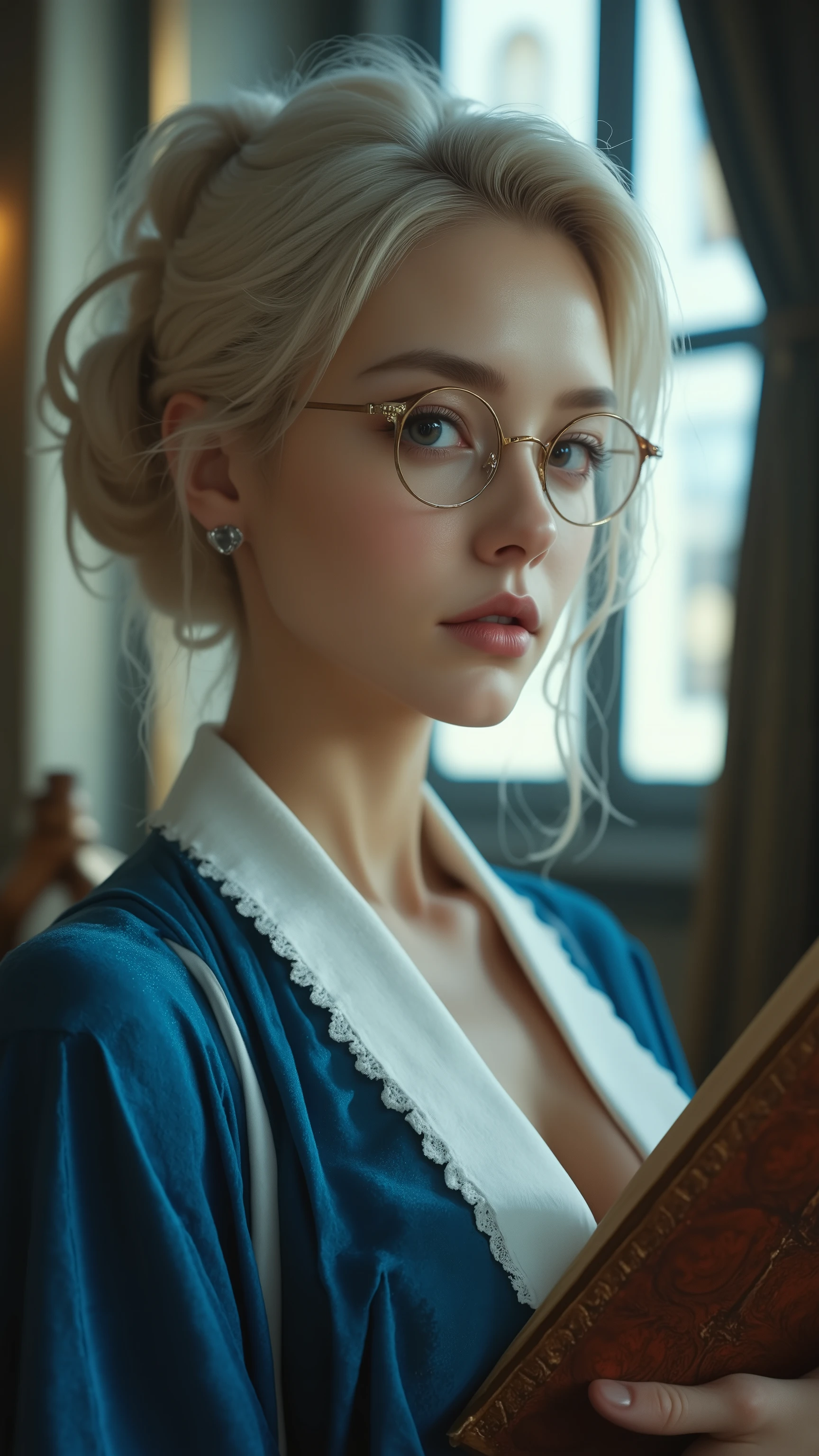 A cinematic portrait of an alluring woman with platinum blonde hair styled in an elegant updo. She dons round glasses and a blue robe with a white collar, exuding quiet confidence and intellectual curiosity. Holding an antique book, the subject emanates a scholarly and refined air. Soft, diffused light from a window behind her creates a subtle chiaroscuro effect, with the muted color palette of blues, whites, and browns enhancing the serene and contemplative mood. The smooth, painterly texture and detailed rendering of her hair, skin, and clothing draw focus to the subject against a slightly blurred background. This photograph, capturing the essence of fashion and portrait photography, is truly a vibrant and captivating masterpiece.