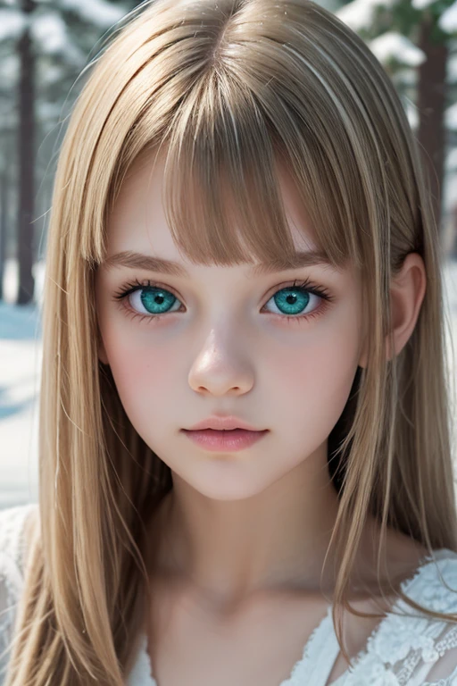 masterpiece.8k.Realstic.detailed.bestquality.ultra-detailed face.cuteeyes.12yearoldgirl. Smooth skin 、 clear outline、Snow Scene、 white skin、 white lace panty 、 blonde straight hair、(bangs)、 emerald green eyes、 white girl 、 beautiful girls、fullbody.