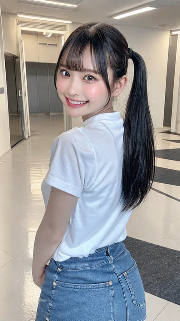 (((look back, round hip))), (((white t-shirj, blue jeans))),((((black high ponytail hair, bangs)))),(((junior cute face))), Japanese、(((grin face, scornful eyes:1.3)))、((((Round face))))、(big cheeks)、((Cute Face))、(((Japanese idol)))、((dark skin)), (((background:school  hallway))),  Ultra High Definition,  high image quality model,  retina,  top quality, High resolution、 high image quality model,  retina,  top quality, High resolution、high resolution、in 8K,Highly detailed eyes and face、超High resolution, High resolution、high resolution、in 8K