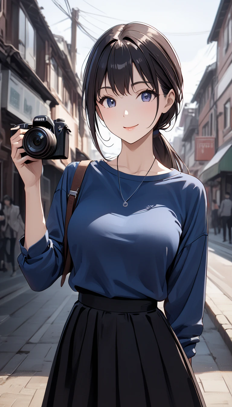   top quality 、 Ultra-high precision 、Detailed view、  vivid colors、Alone、 beautiful girl 、Impressive composition、Age 30、Around town、 ponytail、Holding a digital camera in the right hand、 looking at camera、 blue shirt、 ties、 skirt 、Beautiful big boobs 、Beautiful figure、  Hair shine 、 slender figure  、 Accurate Description 、   anime style illustration  、 Alone、 smile with closed mouth、Simple Makeup