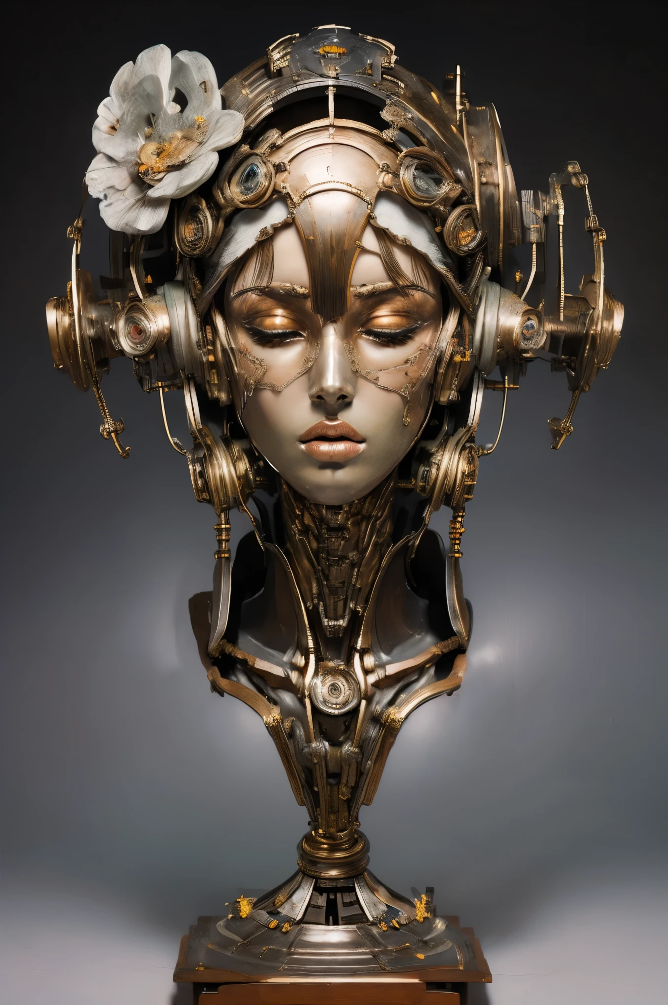 (masterpeace), ((super real photography: 1.5)), ((photo realistic: 1.3)), (real photo),
young girl with a lot of flowers, ((A young girl robot: 1.5)), (bust statue: 1.3),
BREAK
headgear, ((real metalic skin)), ((beautiful face: 1.5)), ((Super cute: 1.5)), ((babyface: 1.5)), ((well-balanced face)), (close eyes: 1.3)), longeyelashes, stunning big eyes, luscious glossy lips, ((blunt bangs: 1.5)), (long hair),
BREAK
(slender body: 1.3), petite bust, flower bloom, (flowers: 1.5),
BREAK
High-Mechanic body, octane rendering, Super Detailed machine, ((connected electric cables)),
BREAK
(simple background: 1.3), ((bust shot: 1.3)), cinema quality, professional photograph, (photo studio: 1.5), (Bright Light: 1.2), Eye-Level Shot, wide lens, (fujifilm 35mm), (film photo), RAW, Excessive Embellishment, UHD,
BREAK
anatomically correct, textured skin, best quality, 8k