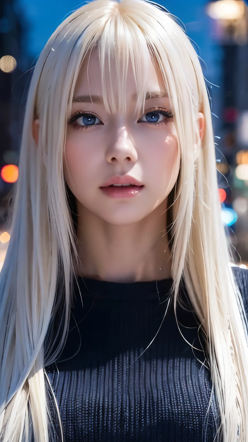 Platinum blonde silky hair、masterpiece、 top quality 、 high res、 high resの詳細写真、 Professional writing 、(((Tops)))、Hit between the eyes、Hair above the eyes、片Hair above the eyes、、 strike a pose、 Portrait、Bright expression、Like々white, Sparkling肌、 is amazing 、Blonde reflection、 shiny highlights on platinum blonde hair、Bright and shiny hair,、 long straight hair 、 beautiful shiny bangs、Sparkling、 clear 、 charming big blue eyes 、 very beautiful, cute girl 、Bust of a Rich Man、(Black tight knitwear), Night Streetscape