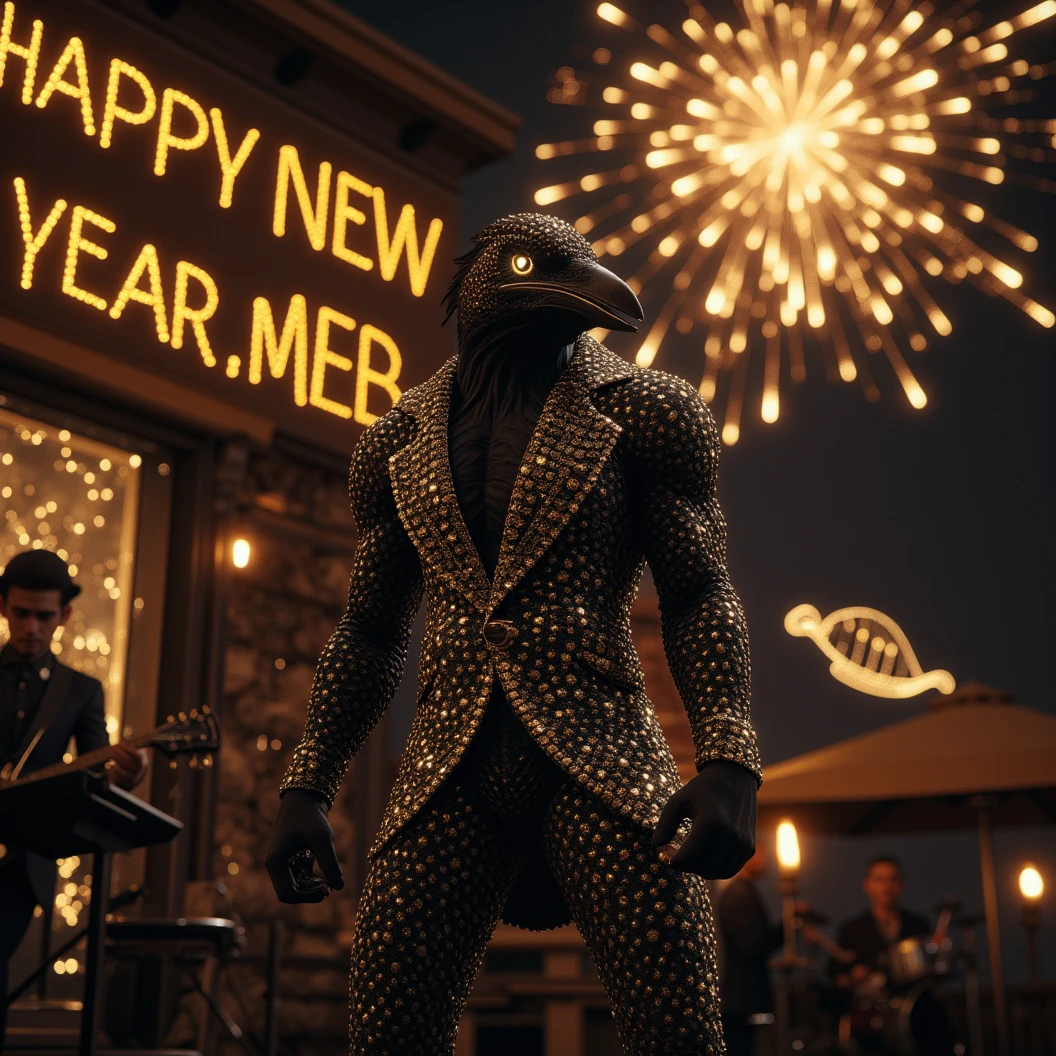 Muscular Anthropomorphic raven donned in a black and gold suit made of diamonds. Lead singer of the band at a high end jazz club, with the emblem of a diamond-made clam that reads "The Pearl". Sings in to the microphone while the band plays. The band, set up on the open air patio stage behind the club. Golden fireworks burst in the air behind the band spelling "Happy New Year MAB". Dynamic jazz band scene, dynamic pose, High Resolution, Masterpiece, Cinematic, Character Design, Hyperdetailed, Cinematography,  cinematic lighting, Depth Of Field, Sparkle, Ray Tracing, Image Fill