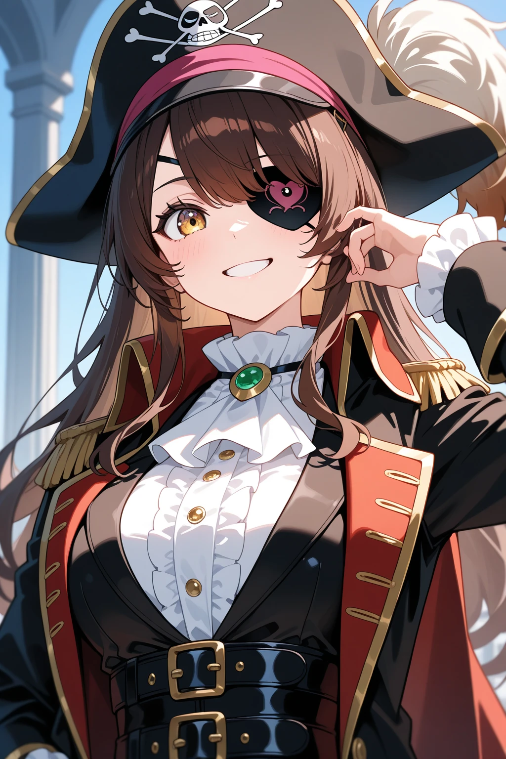 masterpiece, best quality, beatrix, eyepatch, pirate hat, long black coat, frilled shirt, upper body, holding a rose, sky <lora:beatrix-nvwls-v1-final:0.7>