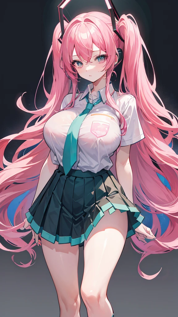 Hatsune Miku, blush, smileglowing aura, natural light, masterpiece,  glossy skin, juicy lips , ,sexy, hot, evil,juicy lips hour glass, , juicy lips, , slender body, small , huge ass, pink hair, green eyes, massive accentuated super huge enormously gigantic breasts, deep cleavage, hoop earrings, white cardigan, plaid skirt, pink wavy hair
