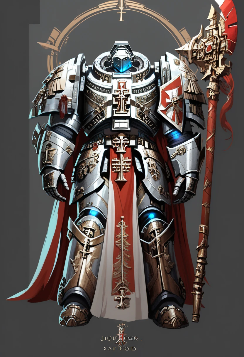 Anime, Concept art, Absurd resolution, high resolution, (masterpiece: 1.4), hyper-detail, warhammer 40k terminator armor, Juggernaut armor, heavy armor, knight, full body, glowing weapon, cloak, armor, edgy, grimdark, octosoup, 1man, bulky, buff, red plume, loin cloth, primaris helmet, reference sheet, iron halo, GreyK40k, full shot, front view, Holding_Halberd_V1, weapon over shoulder