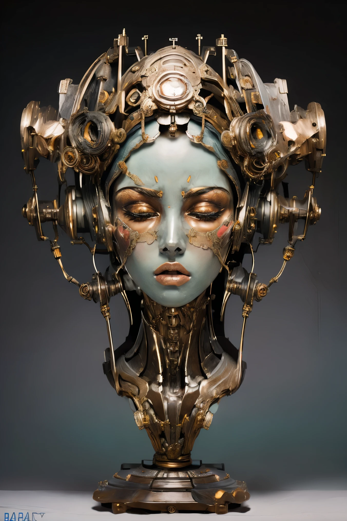 (masterpeace), ((super real photography: 1.5)), ((photo realistic: 1.3)), (real photo),
young girl with a lot of flowers, ((A young girl robot: 1.5)), (bust statue: 1.3),
BREAK
headgear, ((real metalic skin)), ((beautiful face: 1.5)), ((Super cute: 1.5)), ((babyface: 1.5)), ((well-balanced face)), (close eyes: 1.3)), longeyelashes, stunning big eyes, luscious glossy lips, ((blunt bangs: 1.5)), (long hair),
BREAK
(slender body: 1.3), petite bust, flower bloom, (flowers: 1.5),
BREAK
High-Mechanic body, octane rendering, Super Detailed machine, ((connected electric cables)),
BREAK
(simple background: 1.3), ((bust shot: 1.3)), cinema quality, professional photograph, (photo studio: 1.5), (Bright Light: 1.2), Eye-Level Shot, wide lens, (fujifilm 35mm), (film photo), RAW, Excessive Embellishment, UHD,
BREAK
anatomically correct, textured skin, best quality, 8k