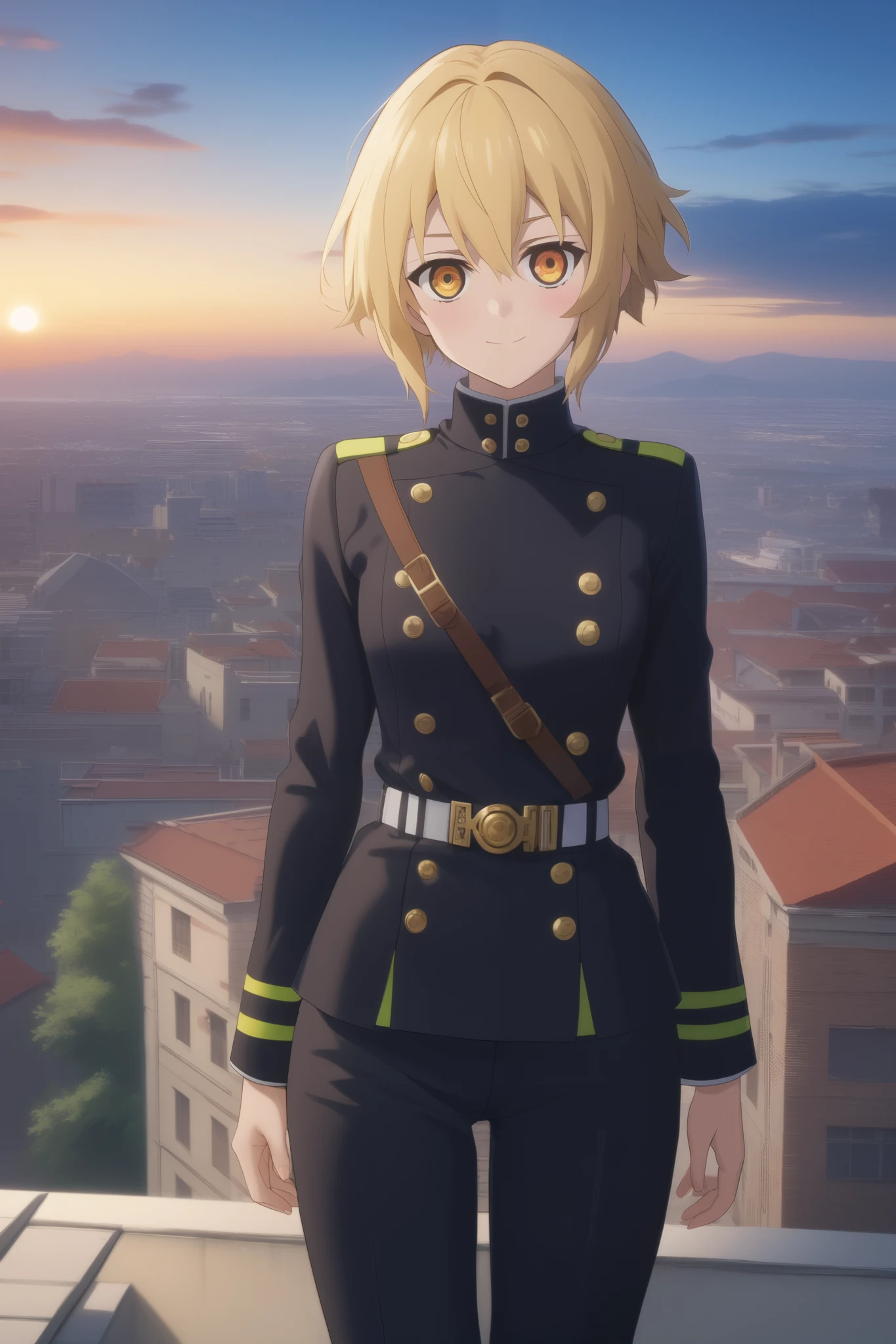 score_9, score_8_up, score_7_up, source_anime,   intricate details  , (3d:0.4), ,  1 girl fights ,   blonde  , One, female focus, светло-yellow hair,  amber eyes, large amber-colored eyes  ,   short blond hair  ,   The hair between the eyes ,  ,  short hair bob  , bang, yellow hair, smile, blushed, black uniform,  breast,   thin waist,   slender legs  , trousers,  lie on the roof of the building and watching the red sunset