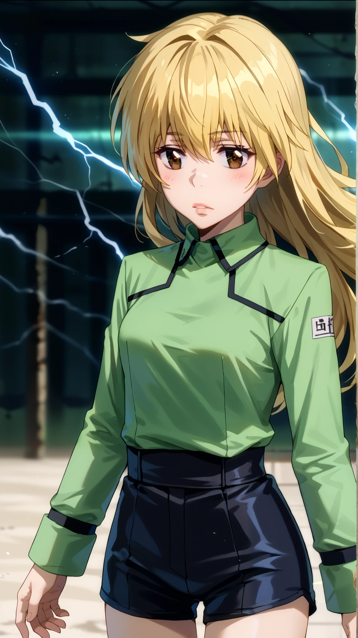  1 girl fights, full-length half-turned ,  clear focus ,  soft lighting , ( Very detailed face  ), ( very detailed eyes  ),  1 adult girl , кареглазая  blonde  ,  Depth of field  , ((  looks at the viewer  )),  in profile  (( long bright yellow hair develops in the wind,  long blond hair to the waist )), shorts,  blonde  ,  long sleeves,  brown eye  , khaki t-shirt (( of the military-colored shirt )), high,  small bust , Breasts, shorts,  black leather thigh length boots  , in the anime style katekyo hitman reborn  ,  against the background of green electric lightning ,  green electrical discharges around the body, slightly opened her lips , blush,  long hair to the waist ,  long yellow hair 