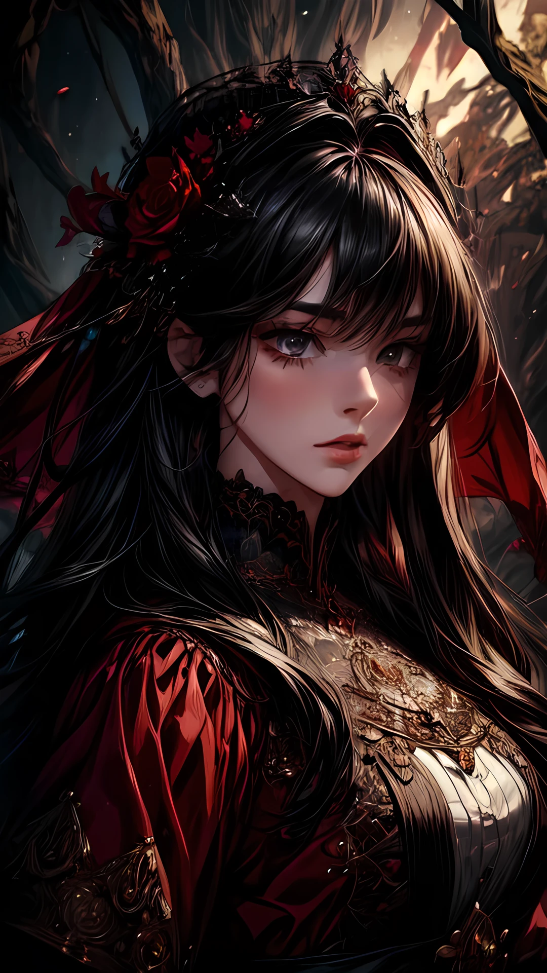 {{masterpiece, best quality, extremely detailed 2D art, unified 8k wallpaper}}, a girl, potrait, black hair, crimson eyes, detailed face, detailed eyes, detailed lips