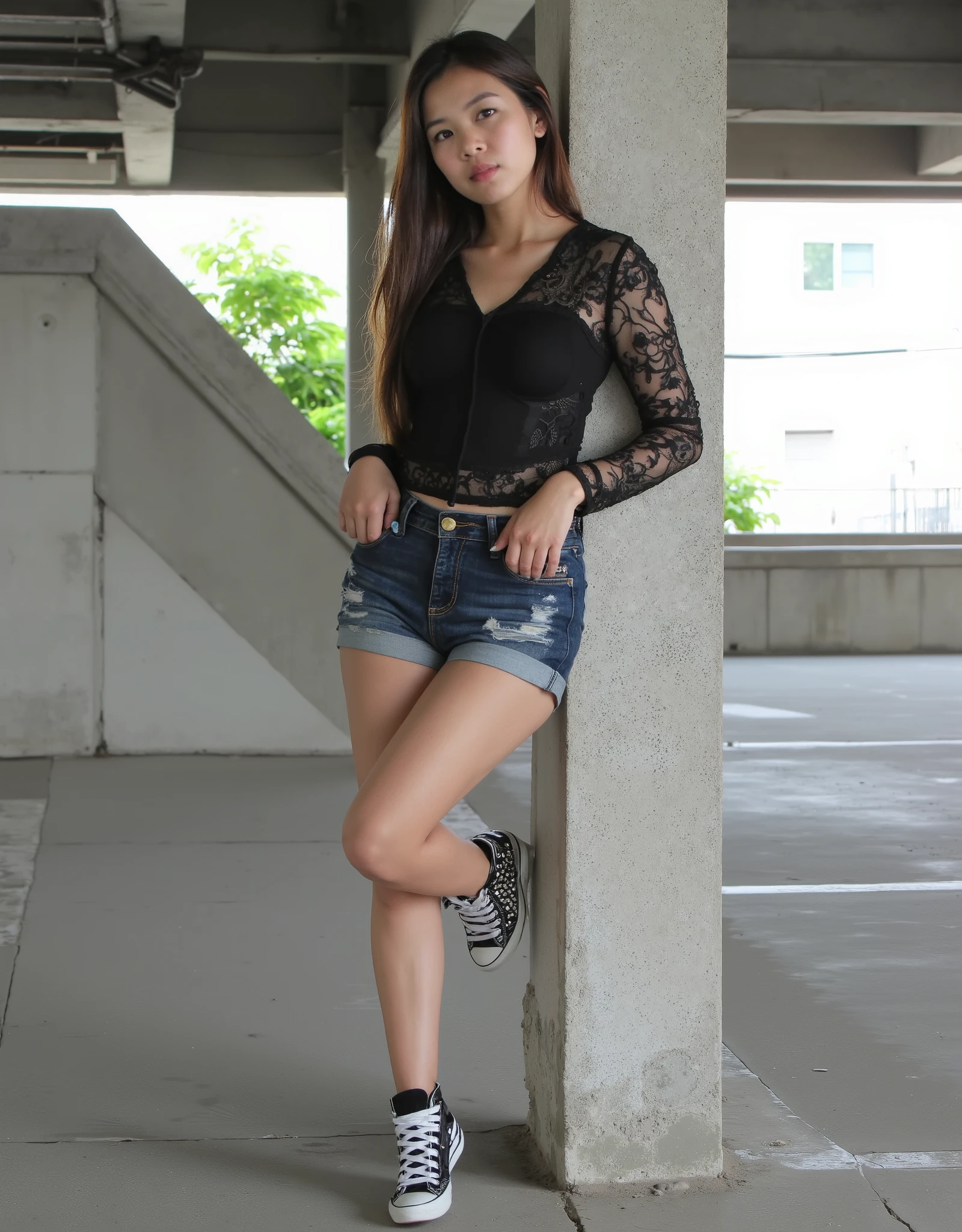 Photography image of a young asian woman standing confidently in a modern, urban setting. She has long, flowing hair and is wearing a stylish black outfit: a fitted top with intricate lace designs paired with denim shorts. Her legs are gracefully positioned, one knee bent, resting against a concrete pillar. She is wearing chic black high-top sneakers adorned with subtle embellishments. The background features a well-lit parking structure with industrial elements, including a staircase and partially visible greenery outside. The overall vibe is contemporary and fashionable, captured in soft, natural lighting. The focus should be on the model's expression, which is both relaxed and confident, embodying a sense of urban chic.