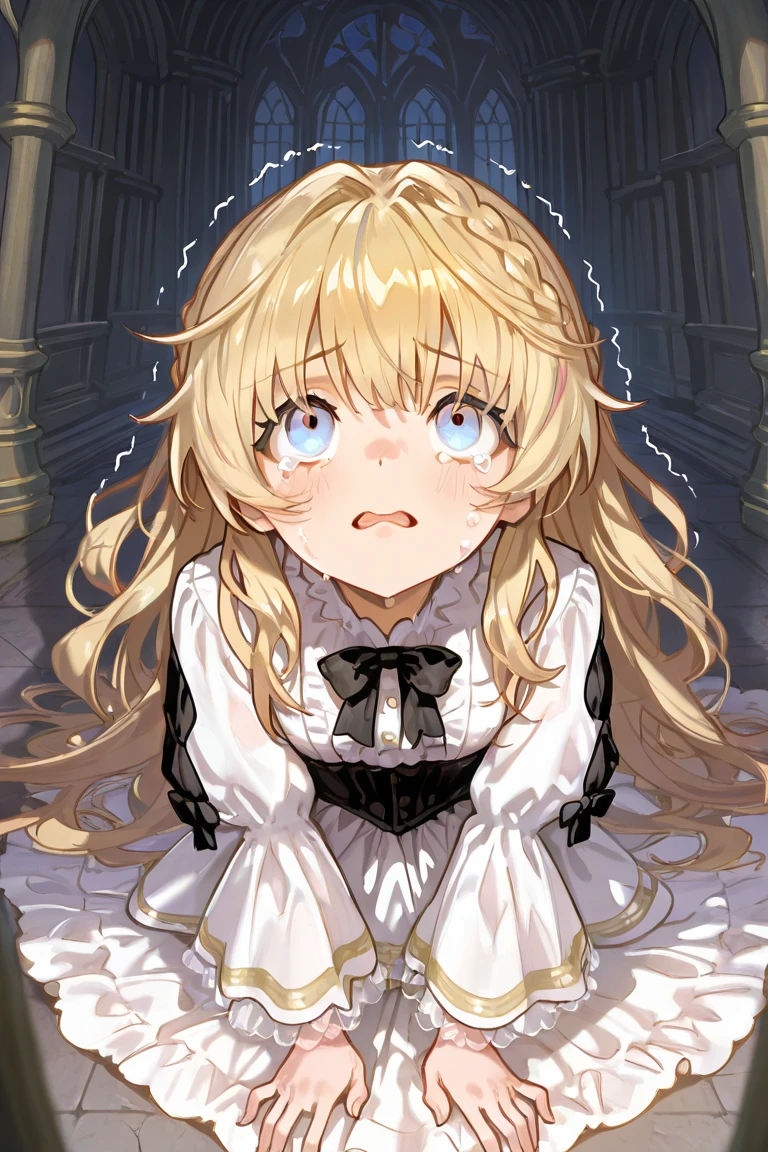 Princess,  beautiful blonde , blue eyes,  white dress,  Inside the Castle ,  clothes are torn, On the floor, fear, I'm looking up at the viewers,  trembling. dark atmosphere, tears