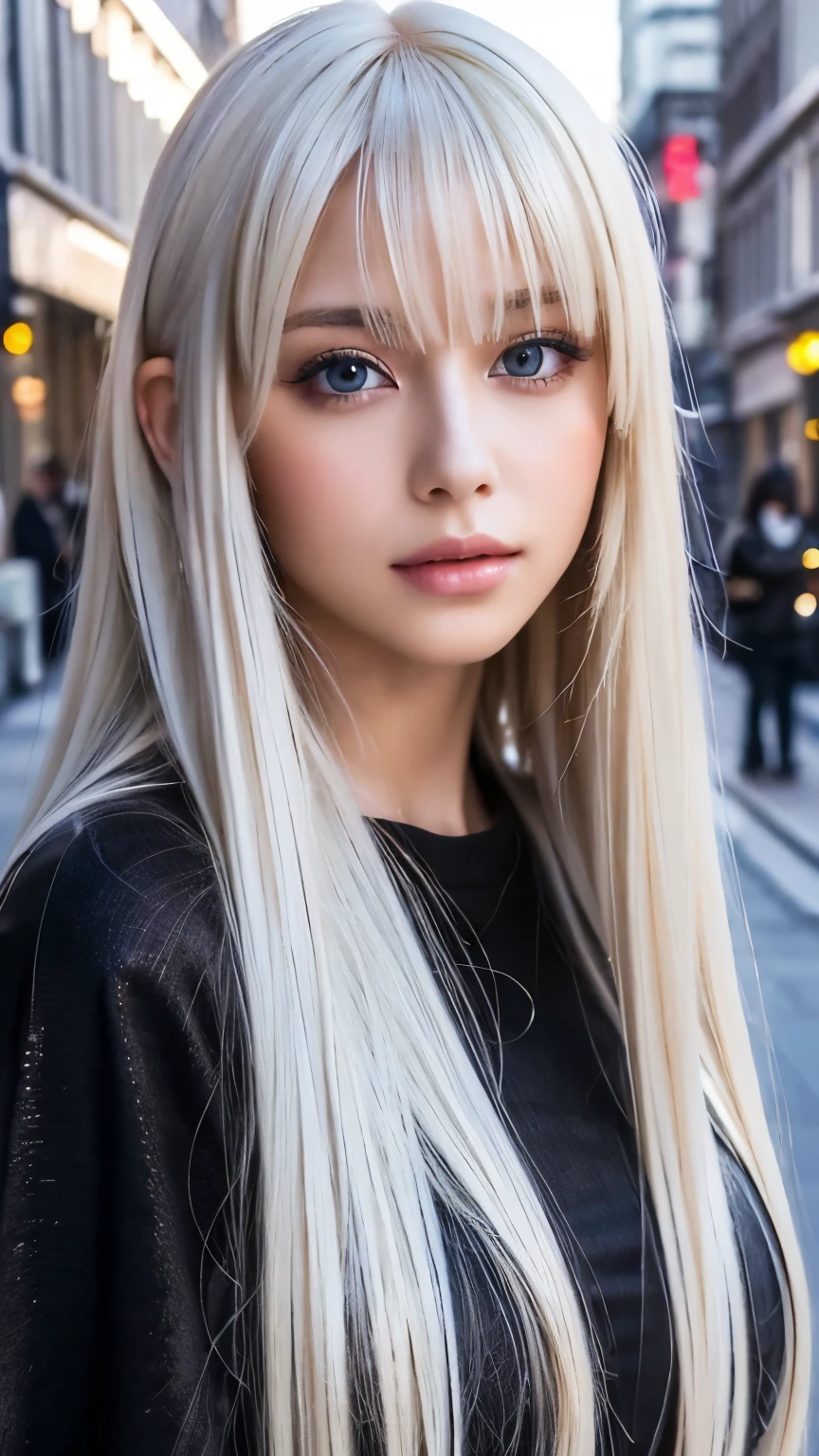 Platinum blonde silky hair、masterpiece、 top quality 、 high res、 high resの詳細写真、 Professional writing 、(((Tops)))、Hit between the eyes、Hair above the eyes、片Hair above the eyes、、 strike a pose、 Portrait、Bright expression、Like々white, Sparkling肌、 is amazing 、Blonde reflection、 shiny highlights on platinum blonde hair、Bright and shiny hair,、 long straight hair 、 beautiful shiny bangs、Sparkling、 clear 、 charming big blue eyes 、 very beautiful, cute girl 、Bust of a Rich Man、(Black tight knitwear), Night Streetscape