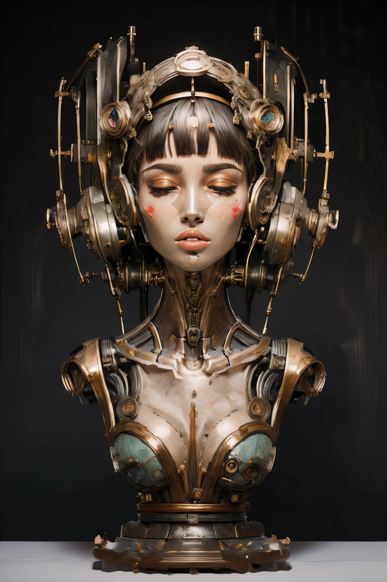 (masterpeace), ((super real photography: 1.5)), ((photo realistic: 1.3)), (real photo),
young girl with a lot of flowers, ((A young girl robot: 1.5)), (bust statue: 1.3),
BREAK
headgear, ((real metalic skin)), ((beautiful face: 1.5)), ((Super cute: 1.5)), ((babyface: 1.5)), ((well-balanced face)), (close eyes: 1.3)), longeyelashes, stunning big eyes, luscious glossy lips, ((blunt bangs: 1.5)), (long hair),
BREAK
(slender body: 1.3), petite bust, flower bloom, (flowers: 1.5),
BREAK
High-Mechanic body, octane rendering, Super Detailed machine, ((connected electric cables)),
BREAK
(simple background: 1.3), ((bust shot: 1.3)), cinema quality, professional photograph, (photo studio: 1.5), (Bright Light: 1.2), Eye-Level Shot, wide lens, (fujifilm 35mm), (film photo), RAW, Excessive Embellishment, UHD,
BREAK
anatomically correct, textured skin, best quality, 8k