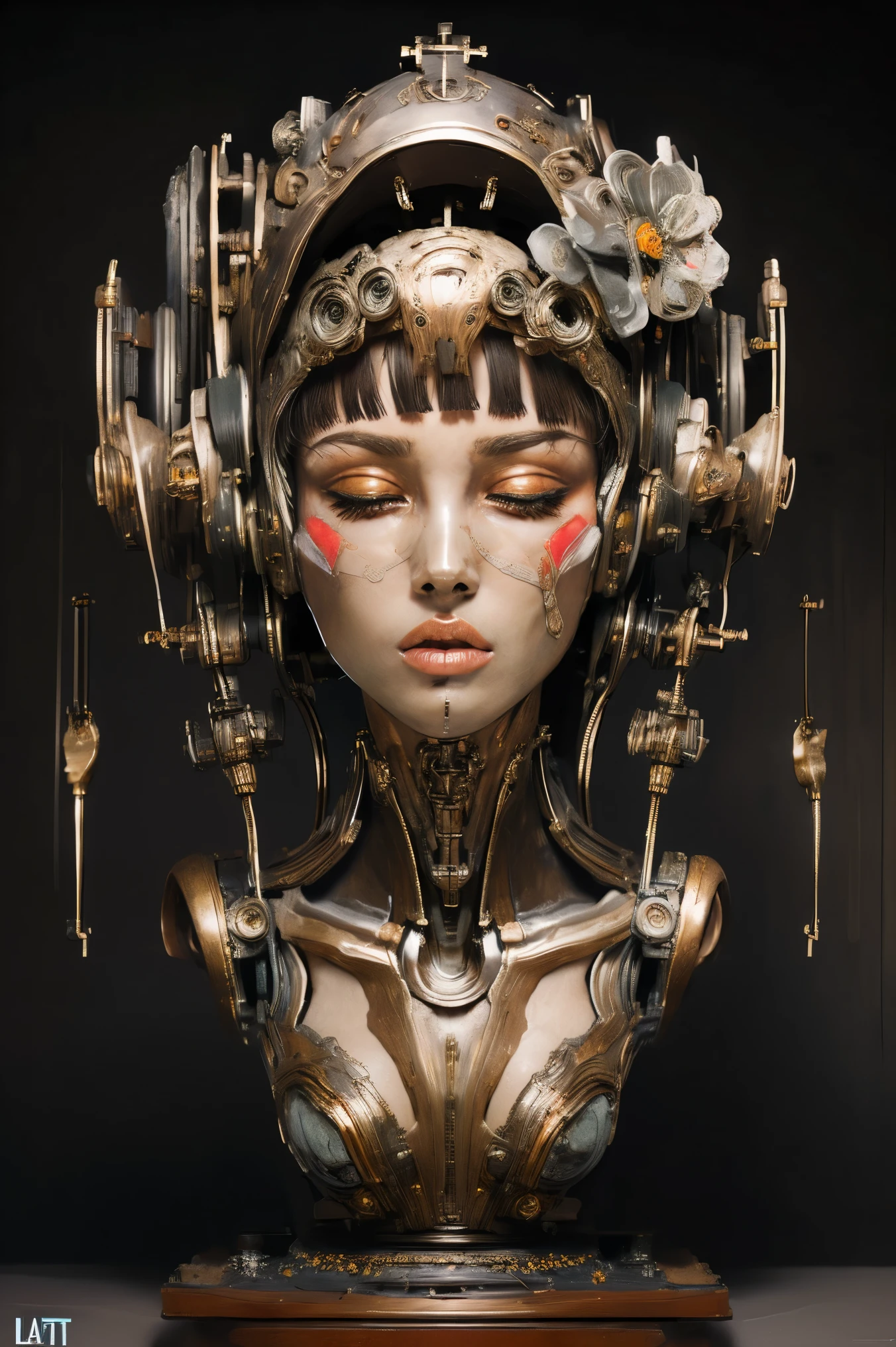 (masterpeace), ((super real photography: 1.5)), ((photo realistic: 1.3)), (real photo), 
young girl with a lot of flowers, ((A young girl robot: 1.5)),  (bust statue: 1.3), 
BREAK
headgear, ((real metalic skin)), ((beautiful face: 1.5)), ((Super cute: 1.5)), ((babyface: 1.5)), ((well-balanced face)), (close eyes: 1.3)), longeyelashes, stunning big eyes, luscious glossy lips, ((blunt bangs: 1.5)), (long hair), 
BREAK
(slender body: 1.3), petite bust, flower bloom, (flowers: 1.5),
BREAK
High-Mechanic body, octane rendering, Super Detailed machine, ((connected electric cables)), 
BREAK
(simple background: 1.3), ((bust shot: 1.3)), cinema quality, professional photograph, (photo studio: 1.5), (Bright Light: 1.2), Eye-Level Shot, wide lens, (fujifilm 35mm), (film photo), RAW, Excessive Embellishment, UHD, 
BREAK
anatomically correct, textured skin, best quality, 8k