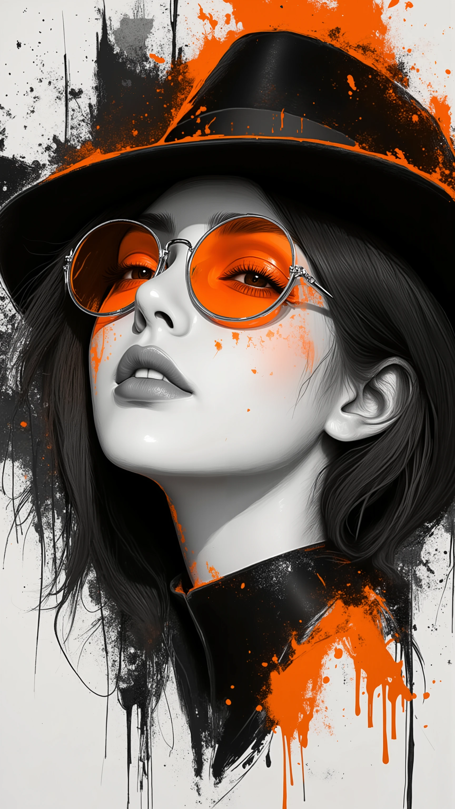 An artistic portrayal of a woman's face, in partial profile, predominantly in black and white tones with splashes of vibrant orange. She wears a hat and glasses with orange tint, with the latter emphasizing her eyes. The brush strokes are dynamic and expressive, giving the artwork a modern and edgy feel. The background is abstract with hints of white and black, allowing the woman's face to be the focal point., painting, illustration