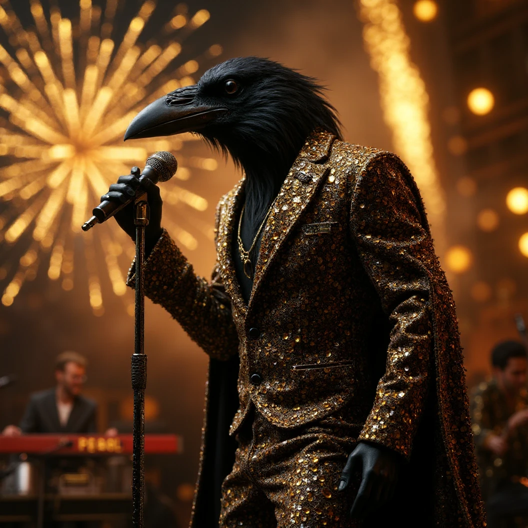 Muscular Anthropomorphic raven donned in a black and gold suit made of diamonds. Lead singer of the band at a high end jazz club, with the emblem of a diamond-made clam that reads "The Pearl". Sings in to the microphone while the band plays. The band, set up on the open air patio stage behind the club. Golden fireworks burst in the air behind the band spelling "Happy New Year MAB". Dynamic jazz band scene, dynamic pose, High Resolution, Masterpiece, Cinematic, Character Design, Hyperdetailed, Cinematography,  cinematic lighting, Depth Of Field, Sparkle, Ray Tracing, Image Fill