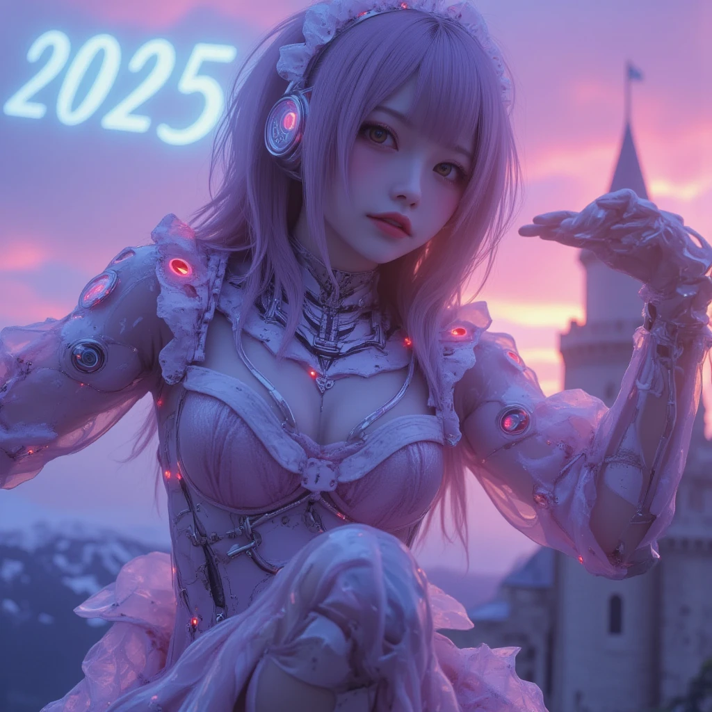 ultra-realistic, photorealistic, dramatic scene, shadow, global-illumination, solo, perfect anatomy, perfect fingers, (teenage Japanese famous idol girl but cyborg), very beautiful with very cute face, detailed face skin texture, (modern maid but futuristic cyborg), intricated complex cyber punk mechanical neon cyber cyborg body, wearing a beautiful lace, (her cyborg body is fully covered with extremely detailed futuristic mechanical armored suits), absolutely complex futuristic cyborg body, neon markers are integrated in her body, head gear, (very large breasts), slim waist, She is flying in the air in front of the old European castle, she is flying in the sky using mini rocket thruster on her back, (the projection mapping of the words "2025" are projected on the castle with blue laser), beautiful new year's sunrise from the snow mountain, purple with pink, dynamic angle, dynamic flying pose