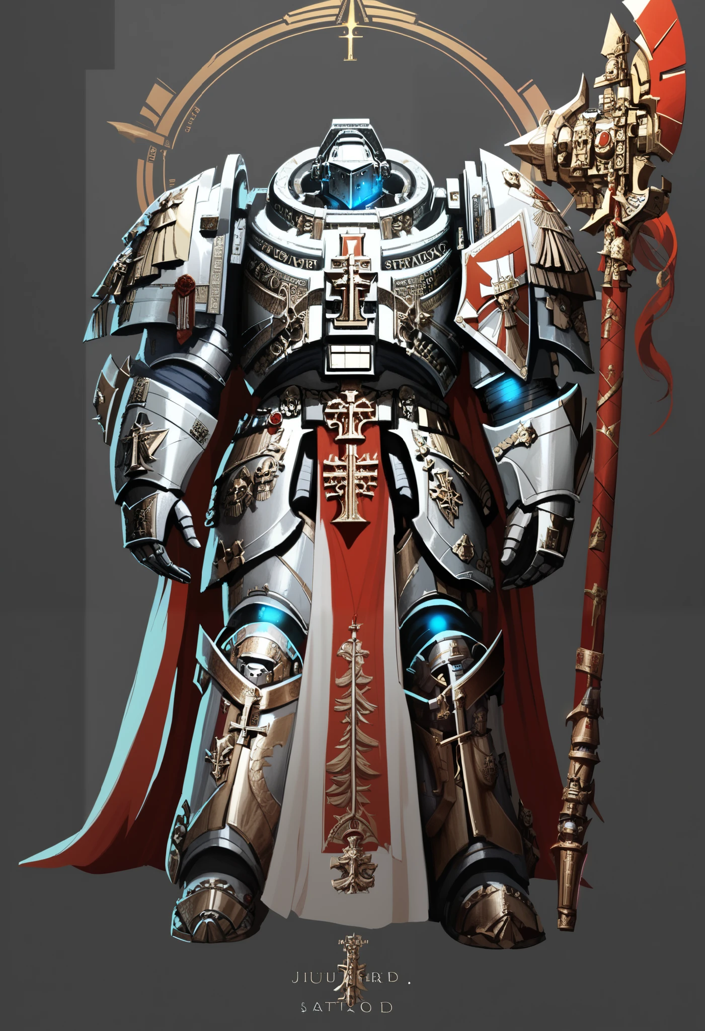Anime, Concept art, Absurd resolution, high resolution, (masterpiece: 1.4), hyper-detail, warhammer 40k terminator armor, Juggernaut armor, heavy armor, knight, full body, glowing weapon, cloak, armor, edgy, grimdark, octosoup, 1man, bulky, buff, red plume, loin cloth, primaris helmet, reference sheet, iron halo, GreyK40k, full shot, front view, Holding_Halberd_V1, weapon over shoulder
