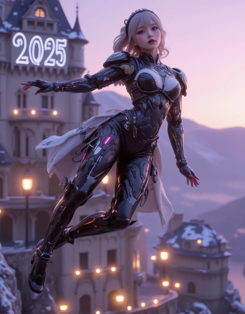 ultra-realistic, photorealistic, dramatic scene, shadow, global-illumination, solo, perfect anatomy, perfect fingers, (teenage Japanese famous idol girl but cyborg), very beautiful with very cute face, detailed face skin texture, (modern maid but futuristic cyborg), intricated complex cyber punk mechanical neon cyber cyborg body, wearing a beautiful lace, (her cyborg body is fully covered with extremely detailed futuristic mechanical armored suits), absolutely complex futuristic cyborg body, neon markers are integrated in her body, head gear, (very large breasts), slim waist, She is flying in the air in front of the old European castle, she is flying in the sky using mini rocket thruster on her back, (the projection mapping of the words "2025" are projected on the castle with blue laser), beautiful new year's sunrise from the snow mountain, purple with pink, dynamic angle, dynamic flying pose