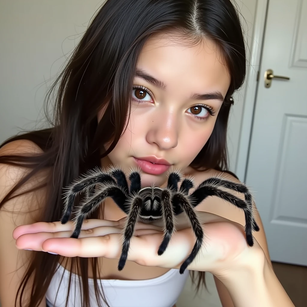 Best quality, 16k, masterpiece: 2.0, Mexican red-knee tarantula (Brachypelma smithi), , 1.60 m tall, beautiful teenager, Onlyfan influencer, sexy, German woman with long black hair, her face is without make-up and naturally beautiful, without make-up, thin lips, small fingernails, feminine body, face and spider photographed very close from the front, the tarantula lies on the back of the woman's hand, the hand is close to the Face, the woman sits upright on a bed in front of the camera, the picture was taken in the bedroom, perfect hands and face, no image noise Sharp focus on and background, very detailed person and environment, clear details for and environment, ultra-sharp focus, person and Background equally detailed, (( ultra-realistic image of a woman with a spider on her face)), (smile/selfie with spider), (feet of the spider on the woman's face: 2.0)