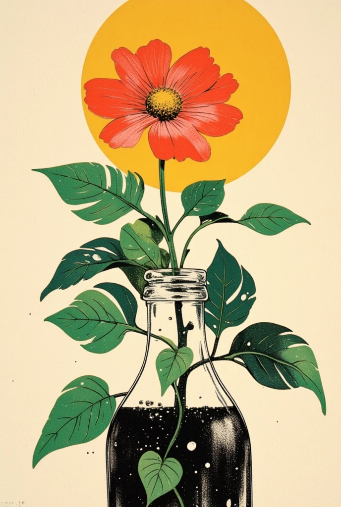   There is a picture of a flower growing in a soda bottle ,  Aaron Douglas , 1940s faded risograph print ,  Details,  Inspired by Robert Colescott,  Inspired by Graham Sutherland , 1960s Neo Rococo Expressionism , Lithography,  Kara Walker James Jean , added  Details,Cut Out Paper Collage 