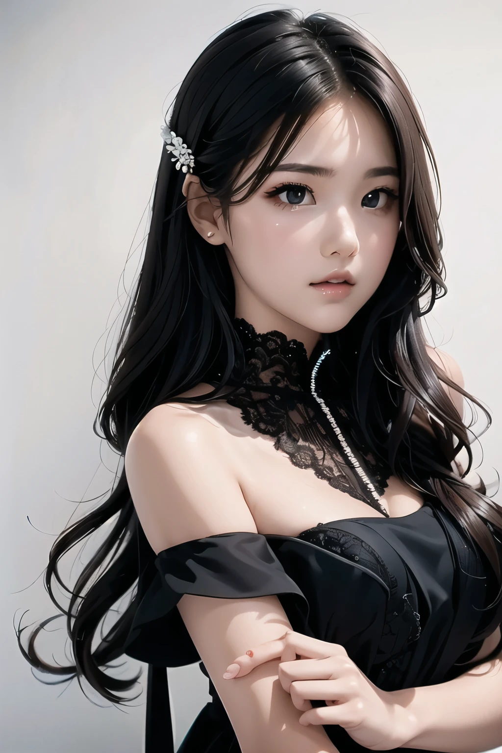 Araffe asian woman with long black hair wearing a black dress - SeaArt AI