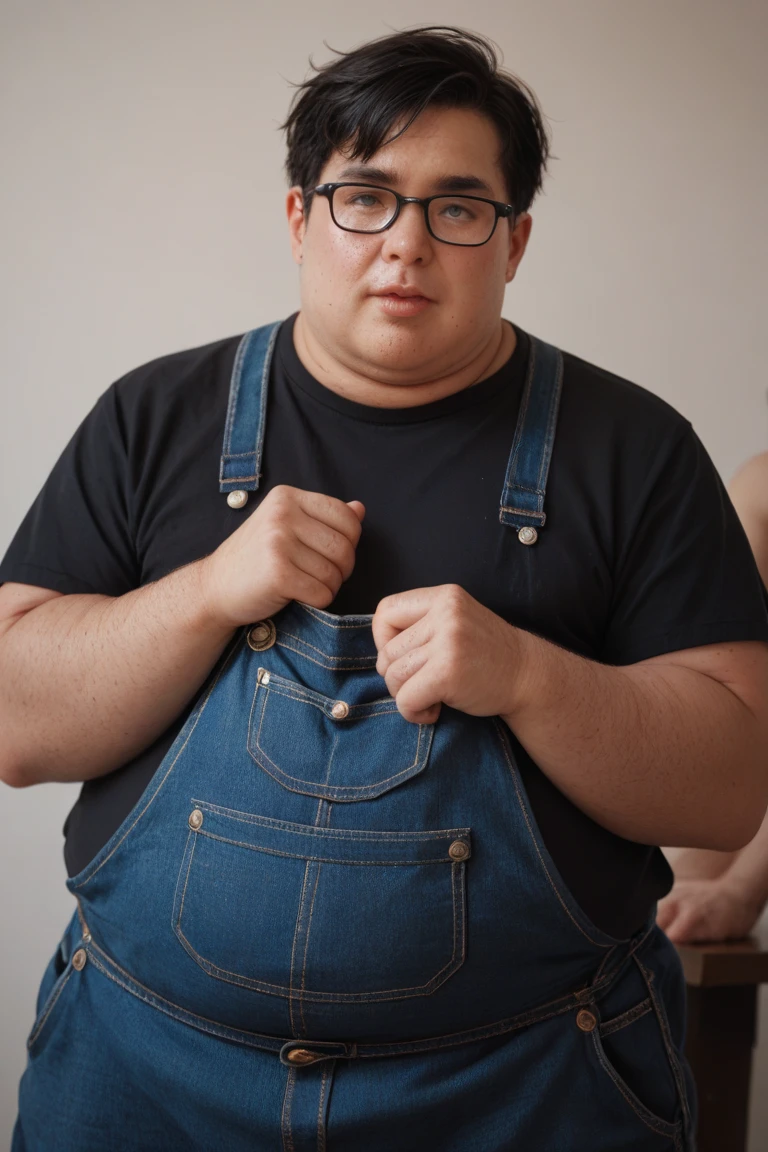 mario (super mario bros outfit), chubby fat italian guy, 30s age, blue eyes, brown hair, dark brown mustache, bulge, shirtless, topless, unbottoned blue overalls, unbuttoned, blue overalls, sweaty, sitting on the floor, full body shot, masterpiece