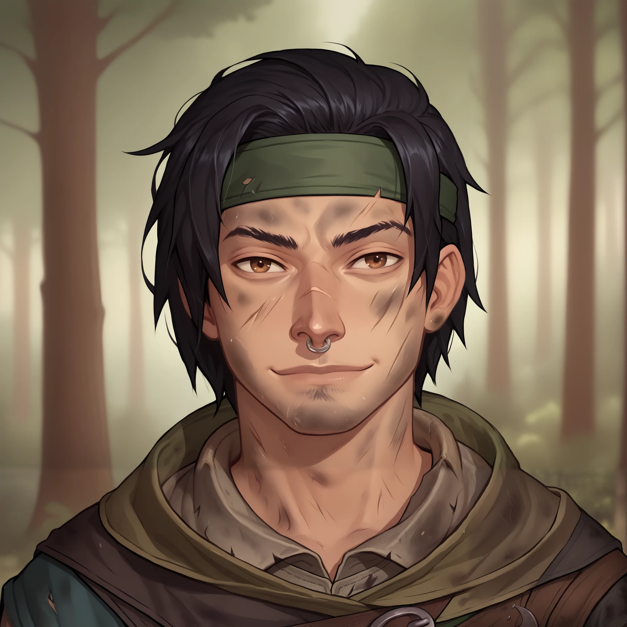 (((beautiful, high quality, detailed face))), score_9, score_8_up, score_7_up, BREAK, male adventurer, RPG rogue, lanky, gangly, slender, Nose bridge, (large nose, aquiline), (dark hair:1.3), buzz cut, headband, fresh cuts, bruises, dirty clothes, bandoleer, pockets, lots of pockets, cloak, mischievous expression, malicious smile, dirty, dusty, 1man, young, male focus, solo, portrait, upper body, portrait, forest background, fantasy, blurred background, Expressiveh, detailxl