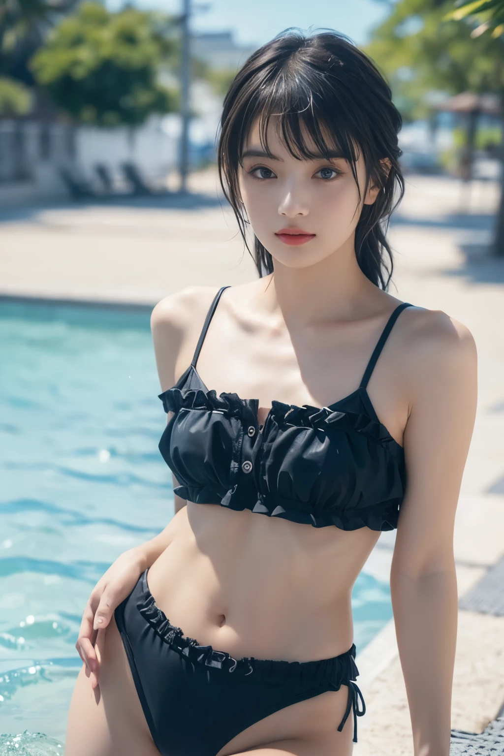 1girl, , Famous idol, 1cute girl, very young face, masterpiece, high quality, small face, （very small tits:1.8）Gothic lolita,  swimwear style, dramatic angle:1.4, Stroll around town,half smile:0.5,