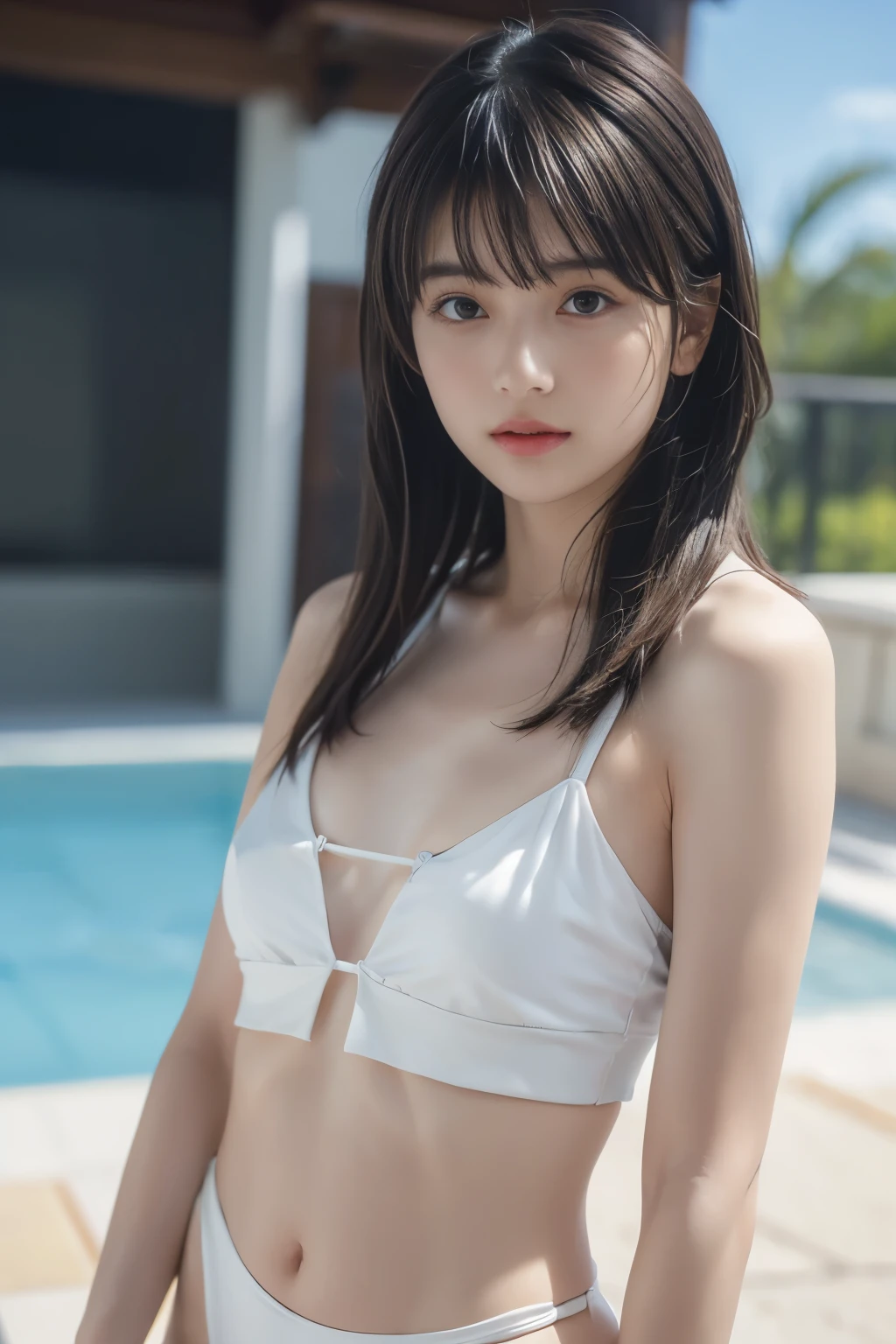 (8k, RAW photo, professional, best quality, masterpiece:1.2), (realistic, photo-realistic:1.37),  highres icon, RAW photo, stylish bikini swimsuit, (Hairstyles with bangs),  shooting from the waist up 