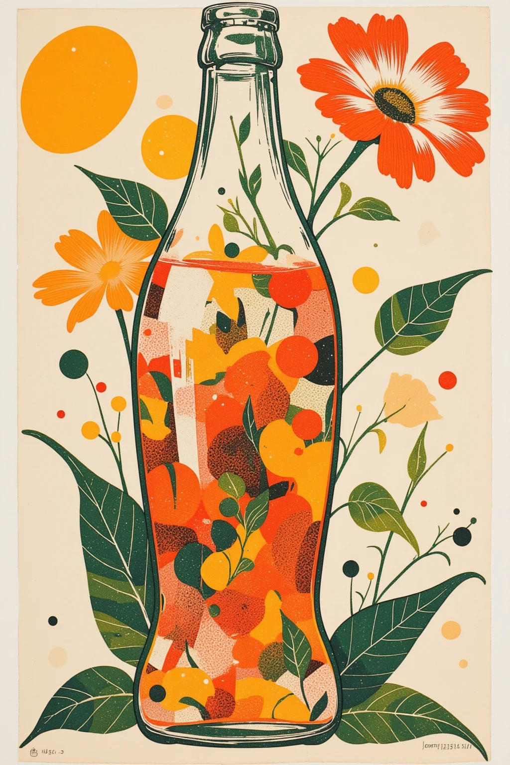   There is a picture of a flower growing in a soda bottle ,  Aaron Douglas , 1940s faded risograph print ,  Details,  Inspired by Robert Colescott,  Inspired by Graham Sutherland , 1960s Neo Rococo Expressionism , Lithography,  Kara Walker James Jean , added  Details,Cut Out Paper Collage 