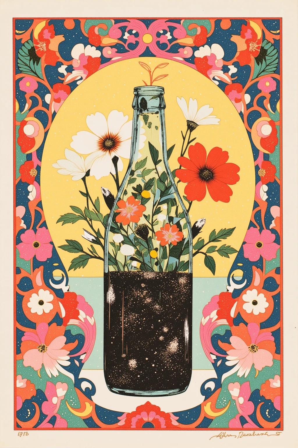   There is a picture of a flower growing in a soda bottle ,  Aaron Douglas , 1940s faded risograph print ,  Details,  Inspired by Robert Colescott,  Inspired by Graham Sutherland , 1960s Neo Rococo Expressionism , Lithography,  Kara Walker James Jean , added  Details,Cut Out Paper Collage 