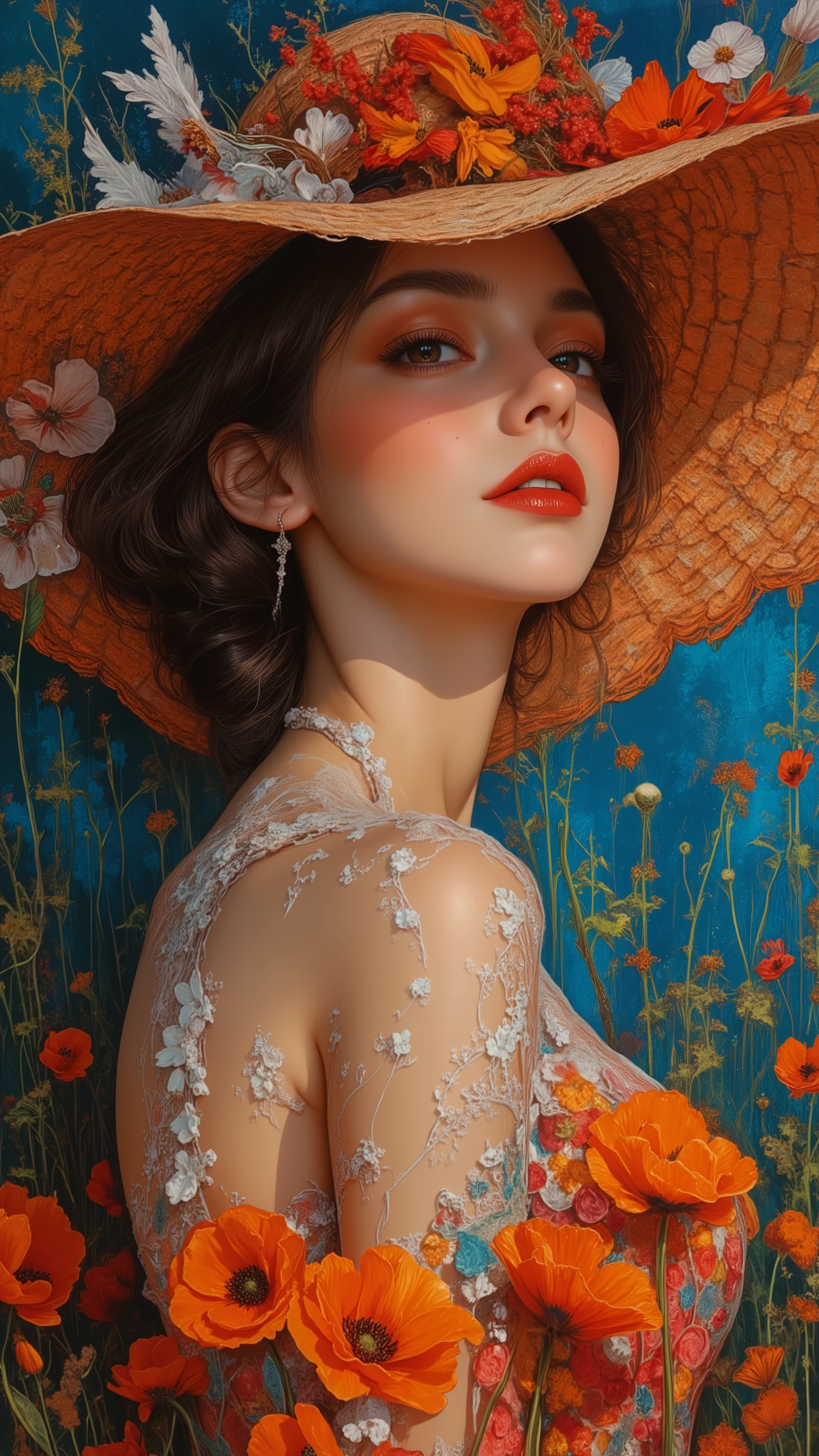 A captivating illustration of a woman in a vibrant painting, wearing a wide-brimmed hat that partially conceals her enigmatic face. Her gaze is directed to the side, inviting the viewer into her world. The woman is elegantly dressed in a floral patterned gown, appearing both sophisticated and whimsical. The background is a stunning blend of deep blue hues and fiery orange poppy flowers, creating a vivid contrast that highlights the subject's presence. The painting style is expressive and dynamic, showcasing bold brush strokes and a rich color palette that brings the scene to life., painting, illustration