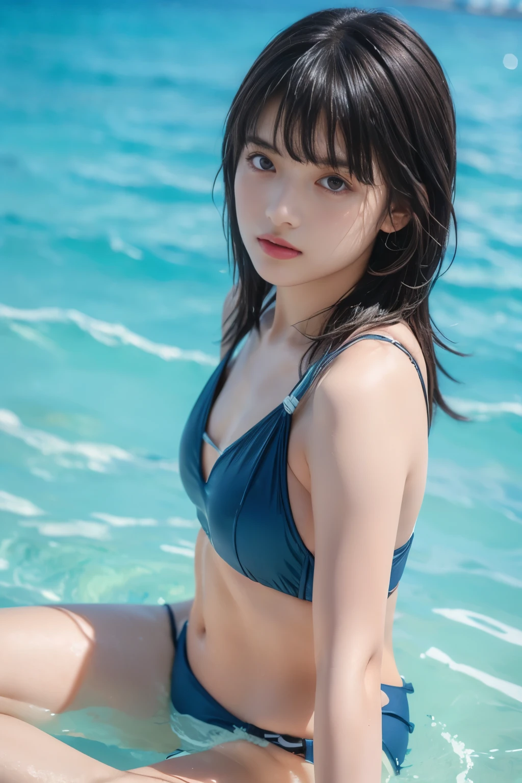 (8k, RAW photo, professional, best quality, masterpiece:1.2), (realistic, photo-realistic:1.37),  highres icon, RAW photo, stylish bikini swimsuit, (Hairstyles with bangs),  shooting from the waist up 