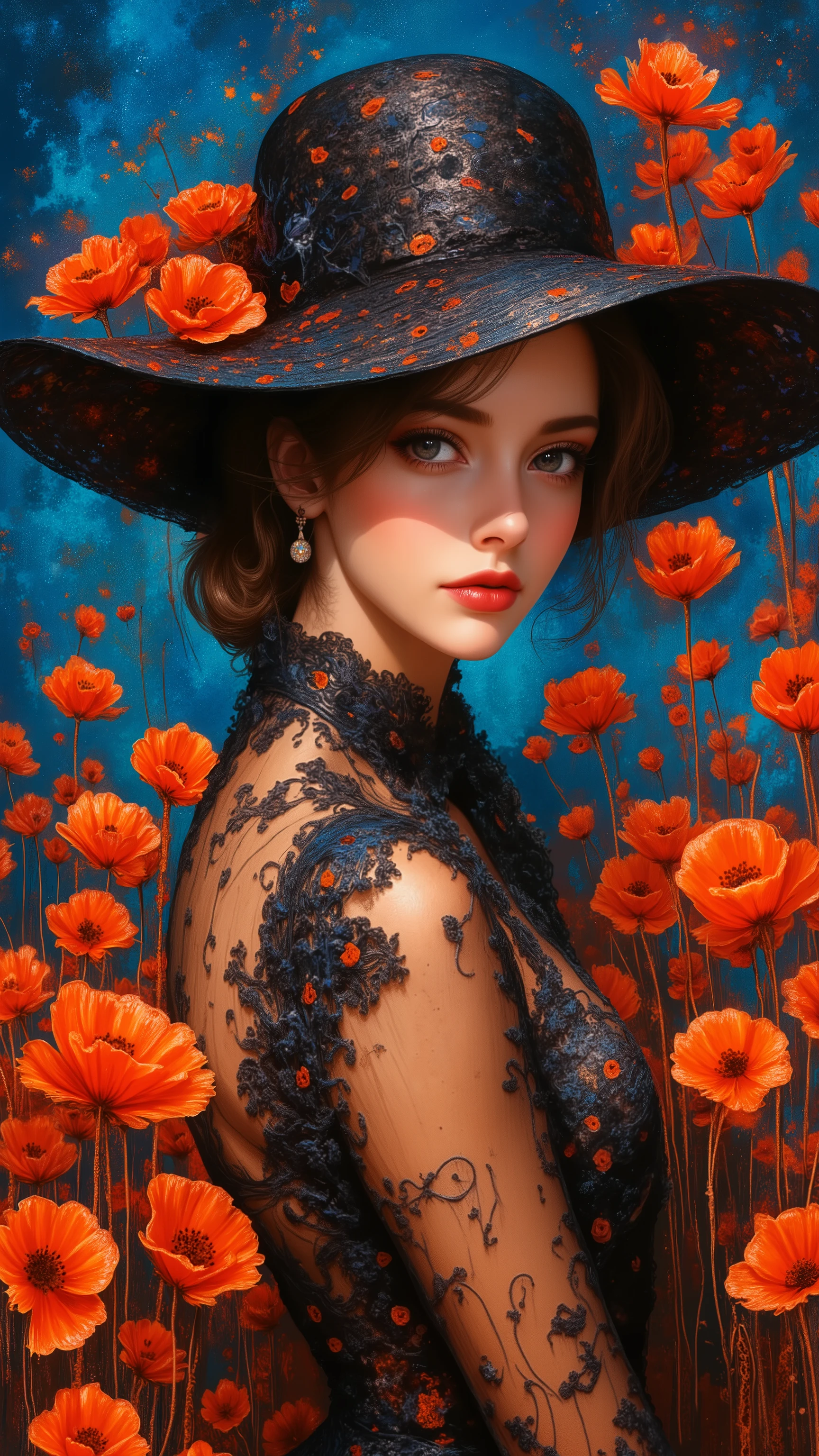 A captivating illustration of a woman in a vibrant painting, wearing a wide-brimmed hat that partially conceals her enigmatic face. Her gaze is directed to the side, inviting the viewer into her world. The woman is elegantly dressed in a floral patterned gown, appearing both sophisticated and whimsical. The background is a stunning blend of deep blue hues and fiery orange poppy flowers, creating a vivid contrast that highlights the subject's presence. The painting style is expressive and dynamic, showcasing bold brush strokes and a rich color palette that brings the scene to life., painting, illustration