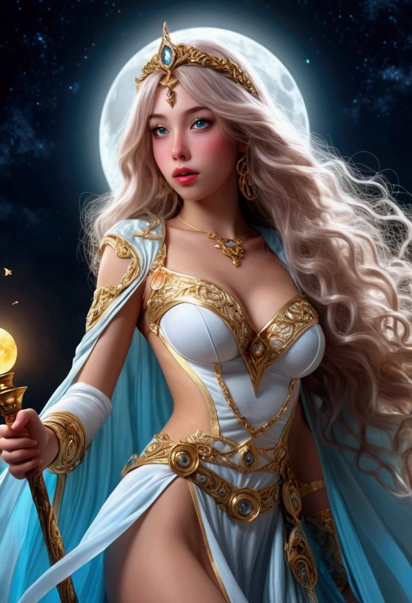 (8K,Realistic original photography Highest quality;1.4) (1 girl in) Super beautiful (Realistic face) woman (Blonde with long curly hair) Holding a red magic wand Battle scenes White and gold magic hat Beautiful expression Bright light (real skin) (Giles dark wizard) Tempting Perfect body,Full breasts,Golden ratio figure,Ultra-high resolution Surrealists High Detail Full body image Remains