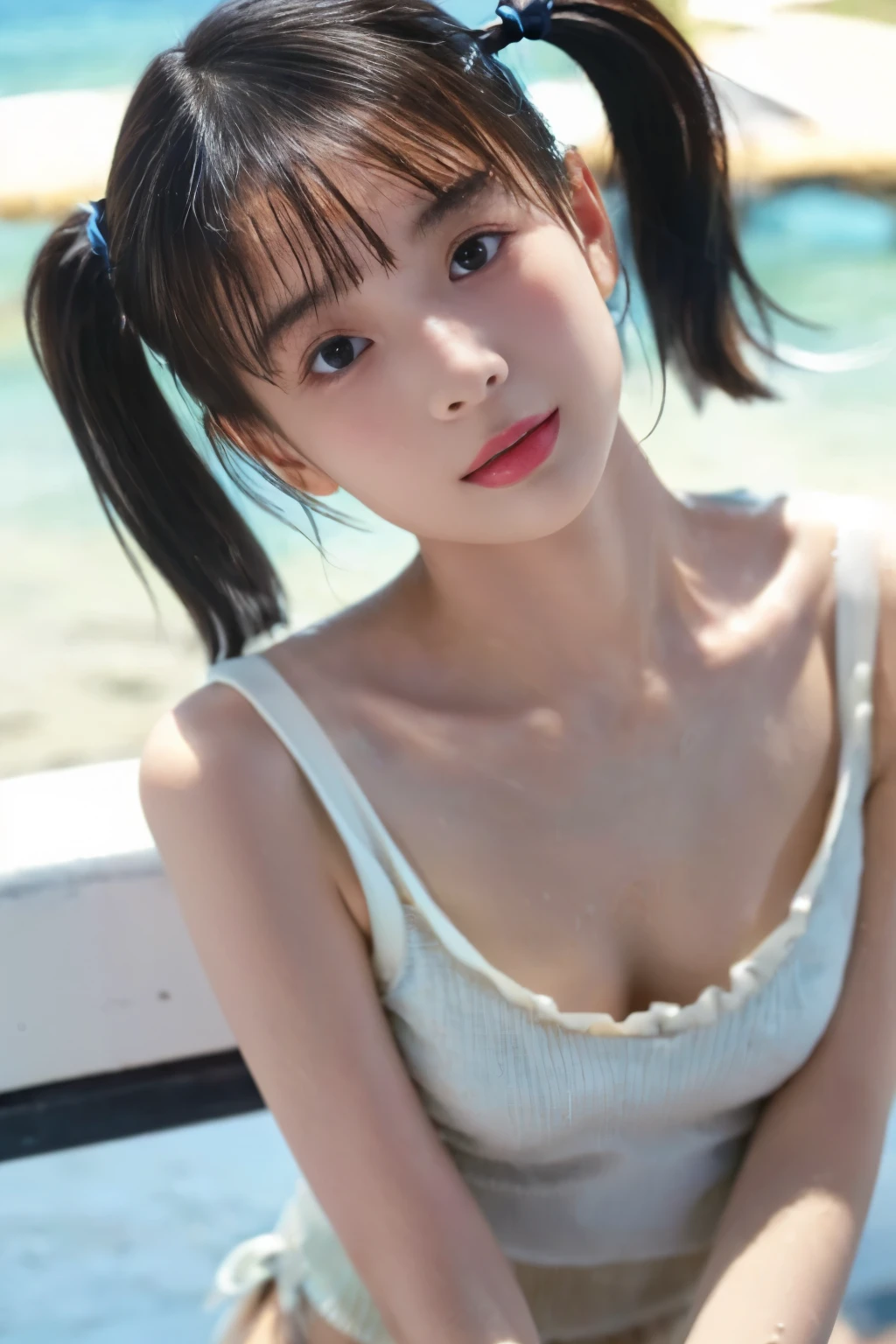 (8k、Original photo、 Short Twin Tails 、 top quality 、masterpiece:1.2)、( real、 photorealistic:1.37)、 High Resolution Icon 、Original photo、 stylish bikinis swimsuits、( hairstyles with bangs ),   shooting from the waist up , (Sweaty skin:1.1), Beautiful beaches abroad 