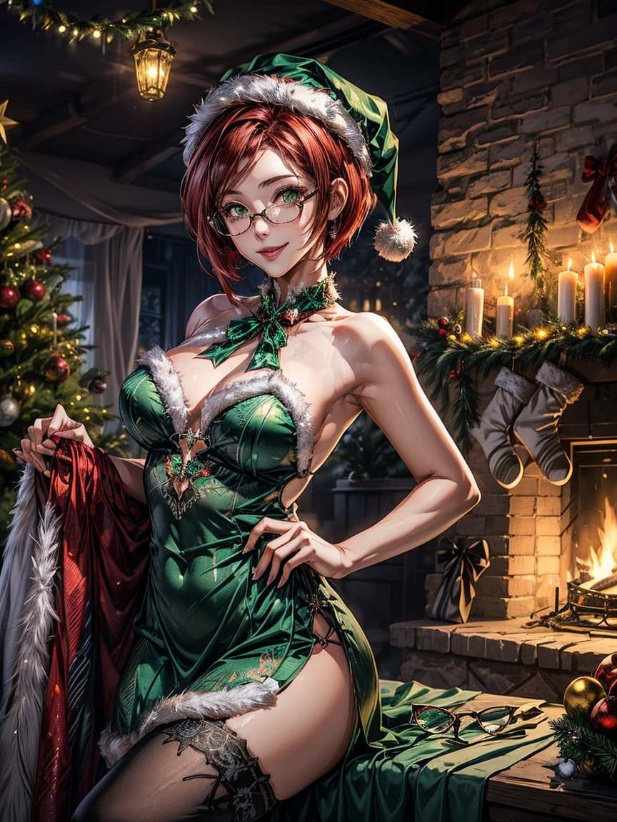 Short,  red hair,  green eyes,  metal-frame glasses , Santa hat,  green strapless dress, smiling girl on the background of a Christmas tree.