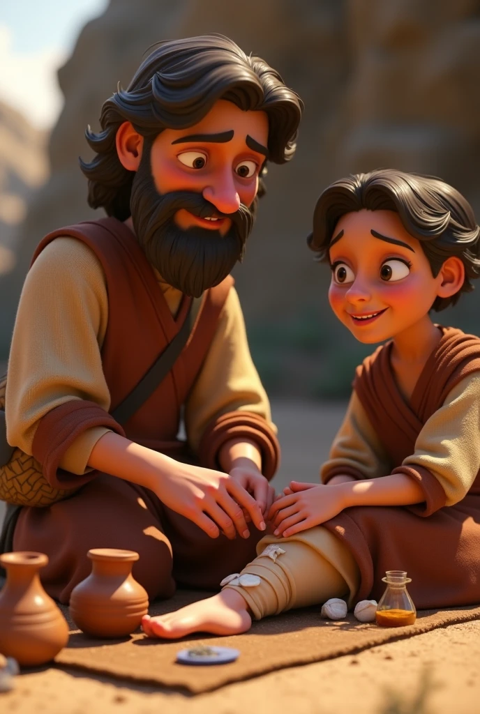 A 3D image in Disney-Pixar style of Jesus as a kid playing one of his friends broke his ankle and jesus went to help him