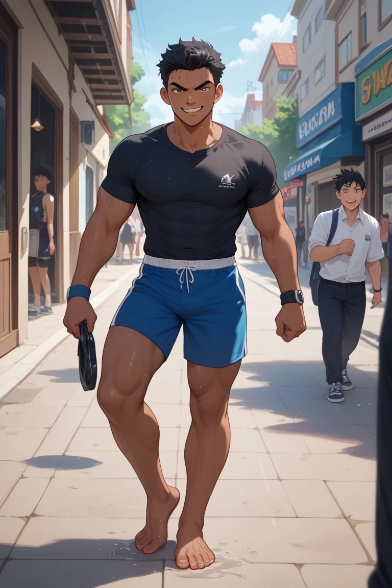 best quality, masterpiece, amazing details, (handsome dark skinned muscular young man with curly brown hair), exaggerated tiny waist, oversized white crop top tshirt, tiny booty short, bulge, penis outline, rollerblading on sidewalk, in a crowded park, perfect fingers, no watermark, no logo, no signature