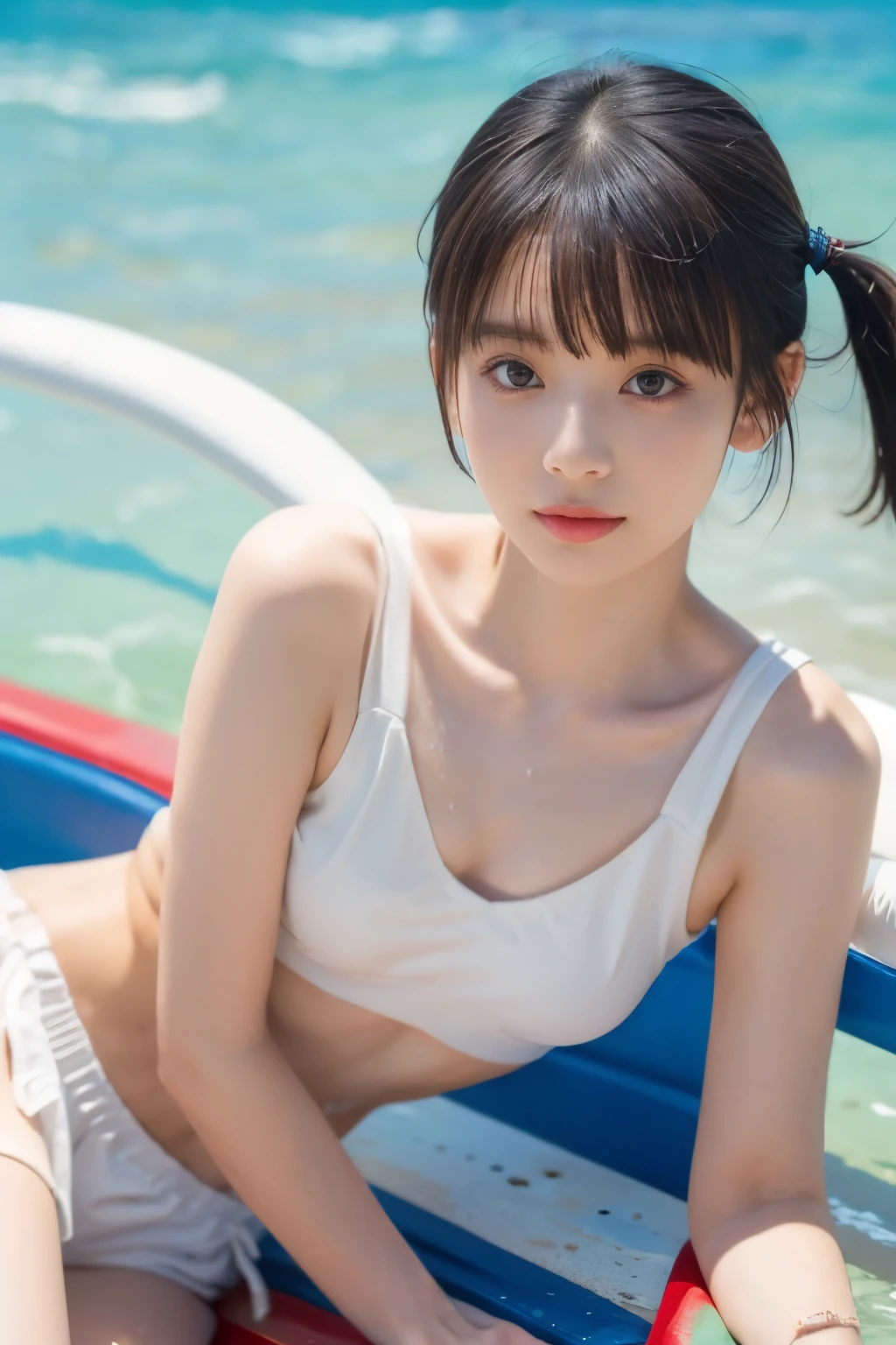 (8k、Original photo、 Short Twin Tails 、 top quality 、masterpiece:1.2)、( real、 photorealistic:1.37)、 High Resolution Icon 、Original photo、 stylish bikinis swimsuits、( hairstyles with bangs ),   shooting from the waist up , (Sweaty skin), Beautiful beaches abroad 