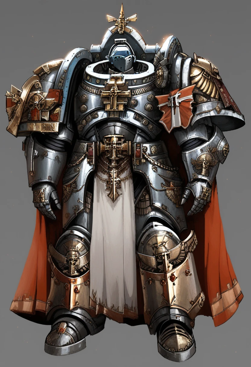 Anime, Concept art, Absurd resolution, high resolution, (masterpiece: 1.4), hyper-detail, warhammer 40k terminator armor, Juggernaut armor, heavy armor, knight, full body, glowing weapon, cloak, armor, edgy, grimdark, octosoup, 1man, bulky, buff, red plume, loin cloth, primaris helmet, reference sheet, iron halo, GreyK40k, full shot, front view, Holding_Halberd_V1, weapon over shoulder